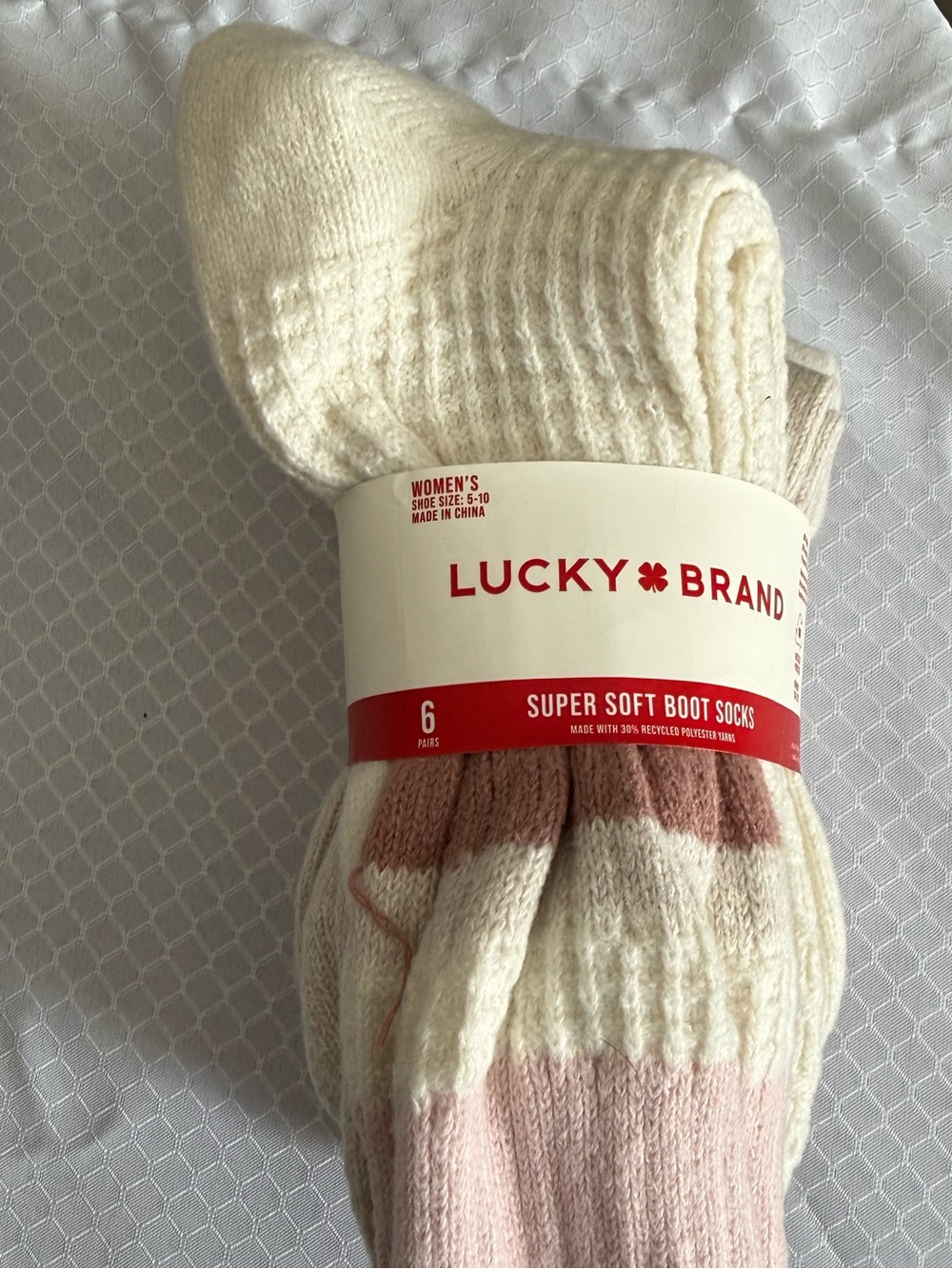 Lucky Brand Cream & Pink Women's Super Soft Boot Socks (6 Pairs)